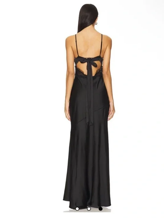For Love & Lemons Val Heart Cup Dot Tulle Ruffle Satin Black Maxi Dress NEW - Picture 3 of 11